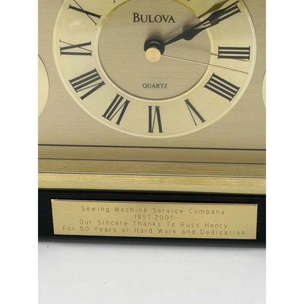 Bulova Mantel Clock Quartz Wood Brass Hygrometer Thermometer Engraved